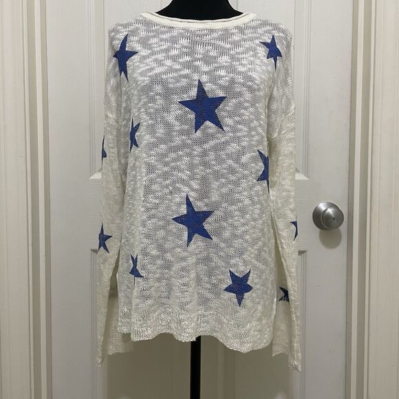 Mia & Tess Sweater Semi Sheer Star Print White Blue Lightweight Women's Large L - Picture 1 of 7